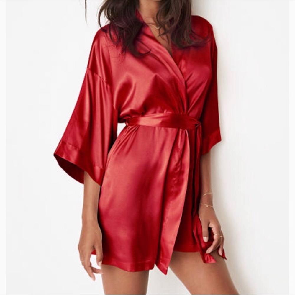 VS red satin mini kimono robe